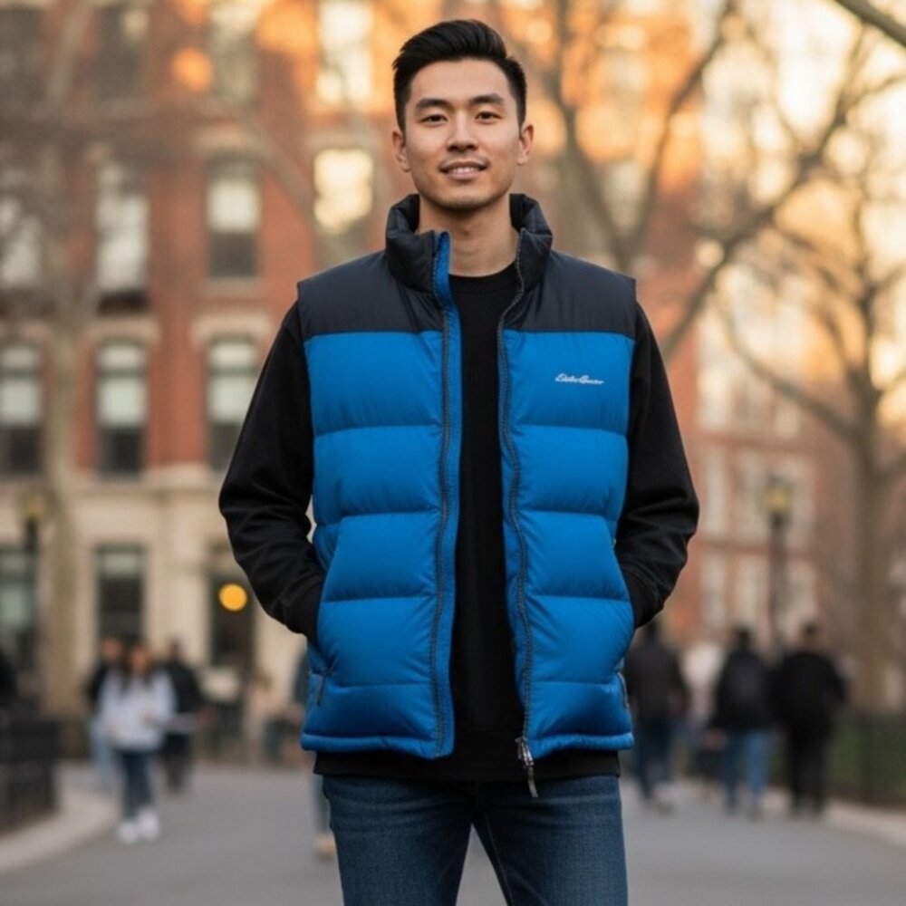 Eddie Bauer Mens Blue Navy Goose Down Puffer Vest Jacket Size S Small‎ Vintage
